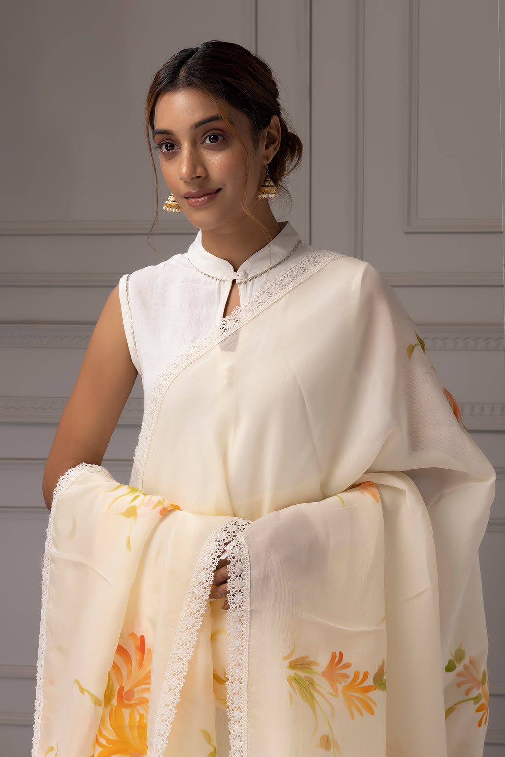Beige Hand Painted Organza Dupatta With Crochet Lace