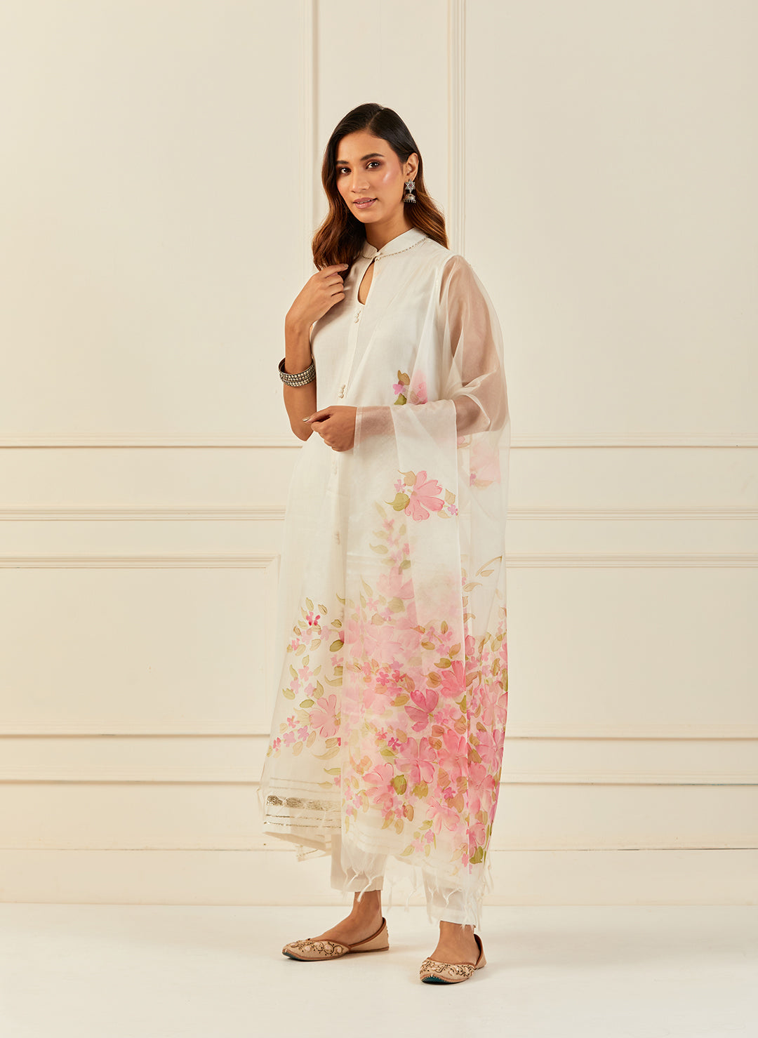 Off-White Hand-Painted Organza Dupatta With Tassels