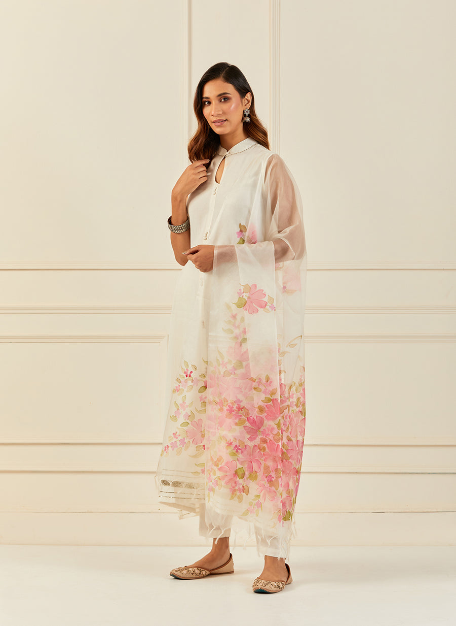 Off-White Hand-Painted Organza Dupatta With Tassels