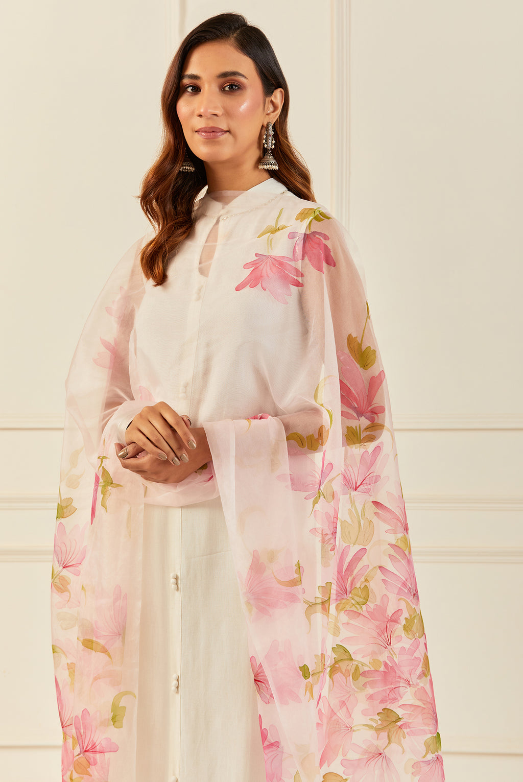 Pink Hand-Painted Organza Dupatta With Decorative Tassels