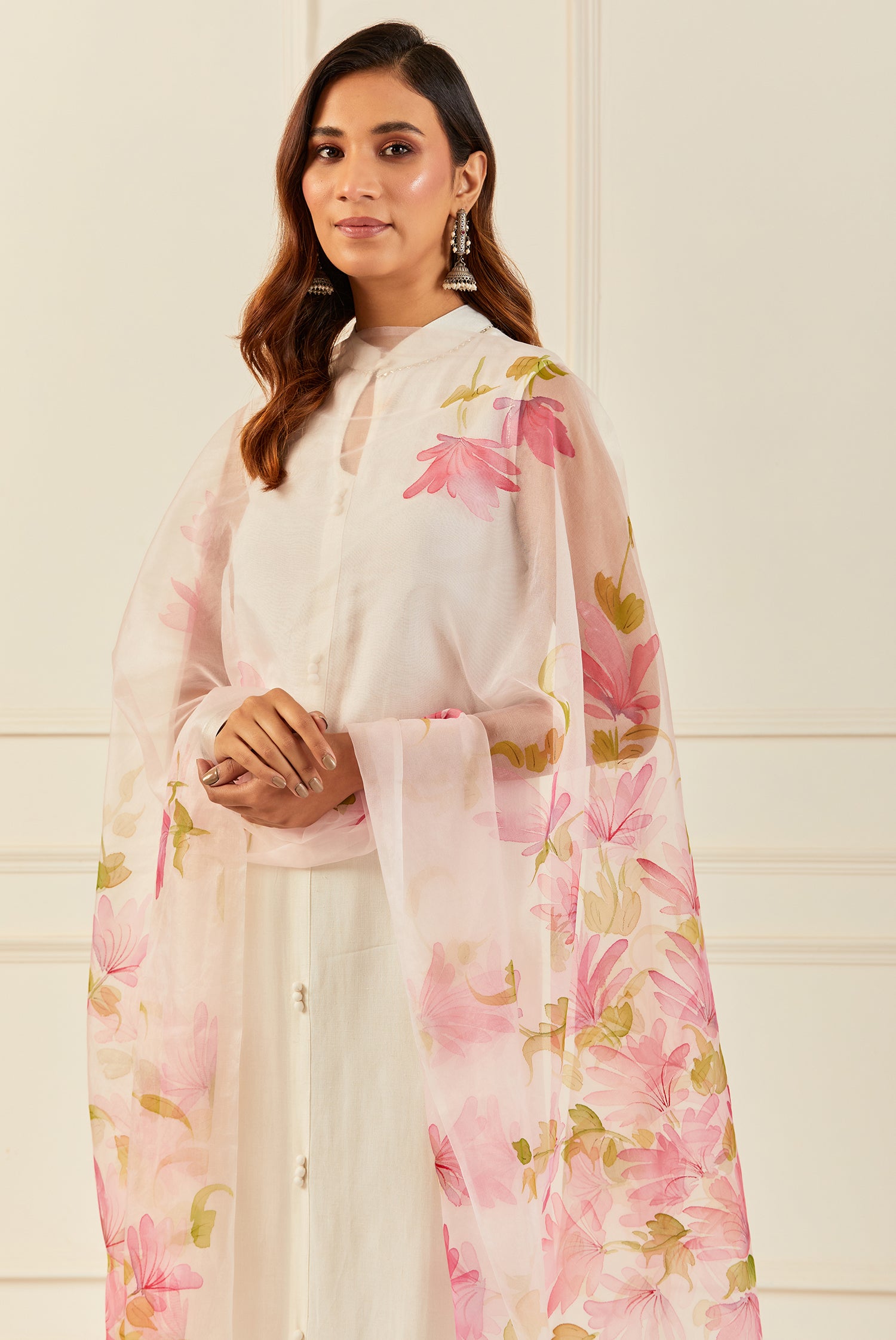 Pink Hand-Painted Organza Dupatta With Decorative Tassels