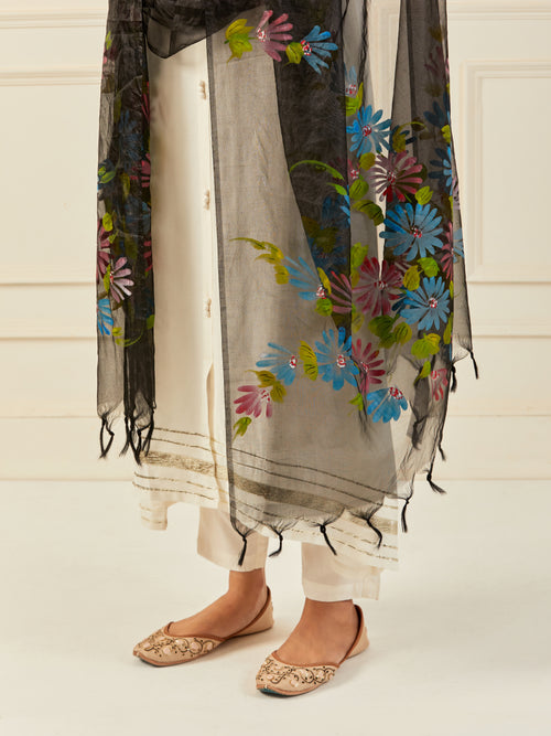 Black Hand-Painted Organza Dupatta With Tassels