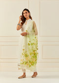 Green Hand-Painted Organza Dupatta With Tassels