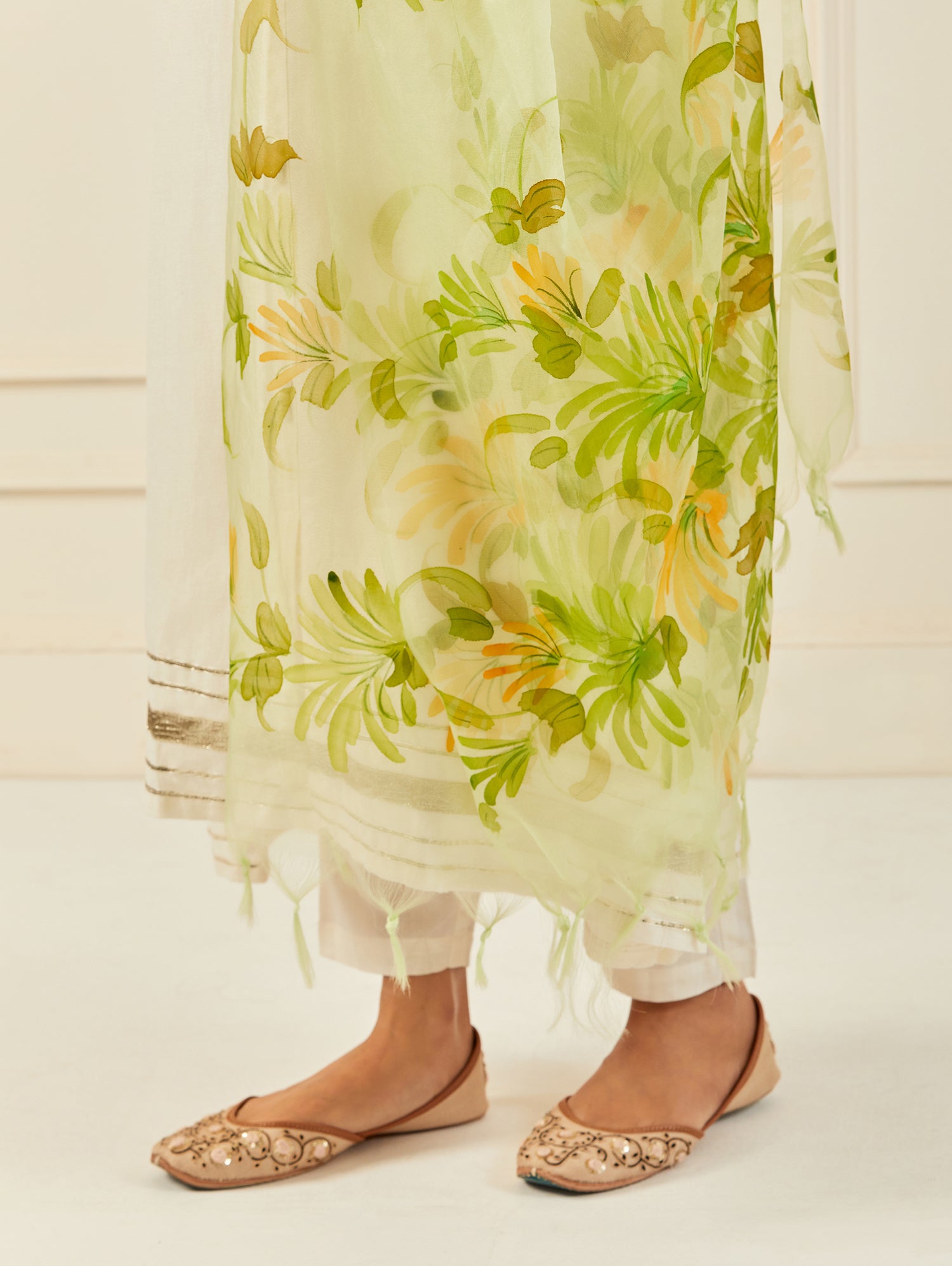 Green Hand-Painted Organza Dupatta With Tassels