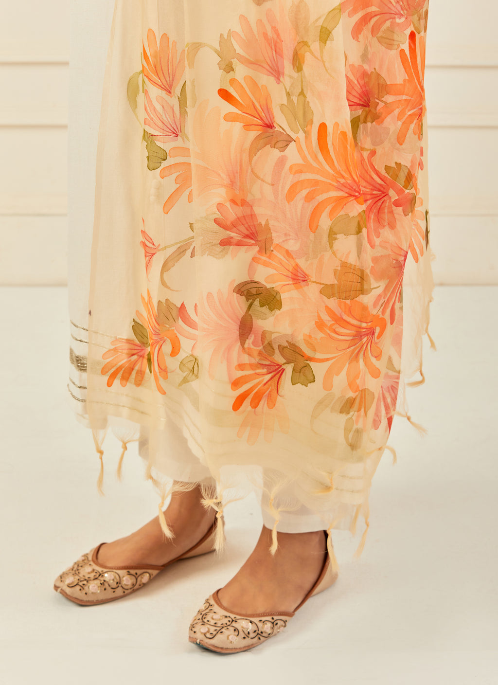 Yellow Hand-Painted Organza Dupatta With Tassels