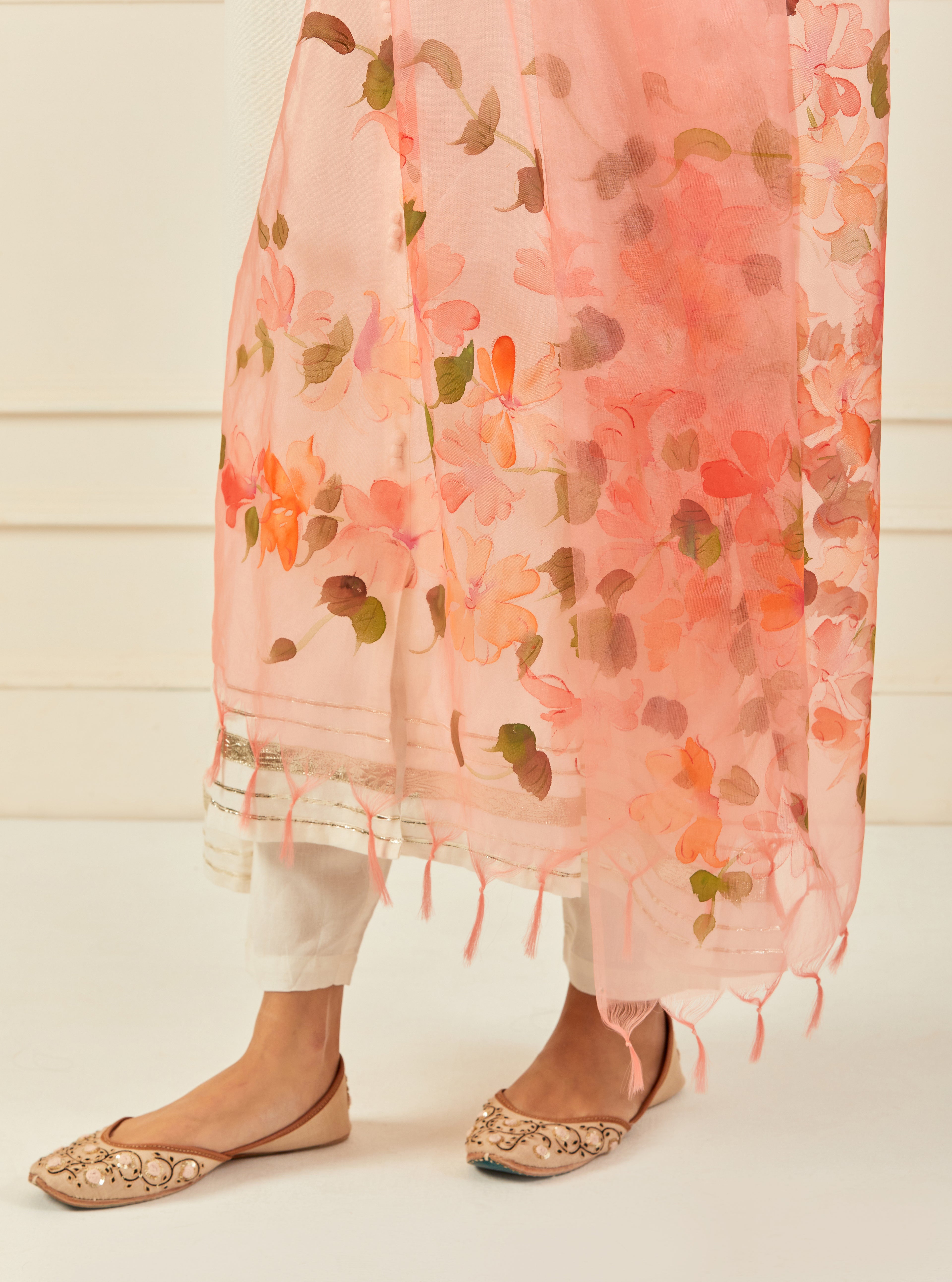 Peach Hand-Painted Organza Dupatta With Tassels