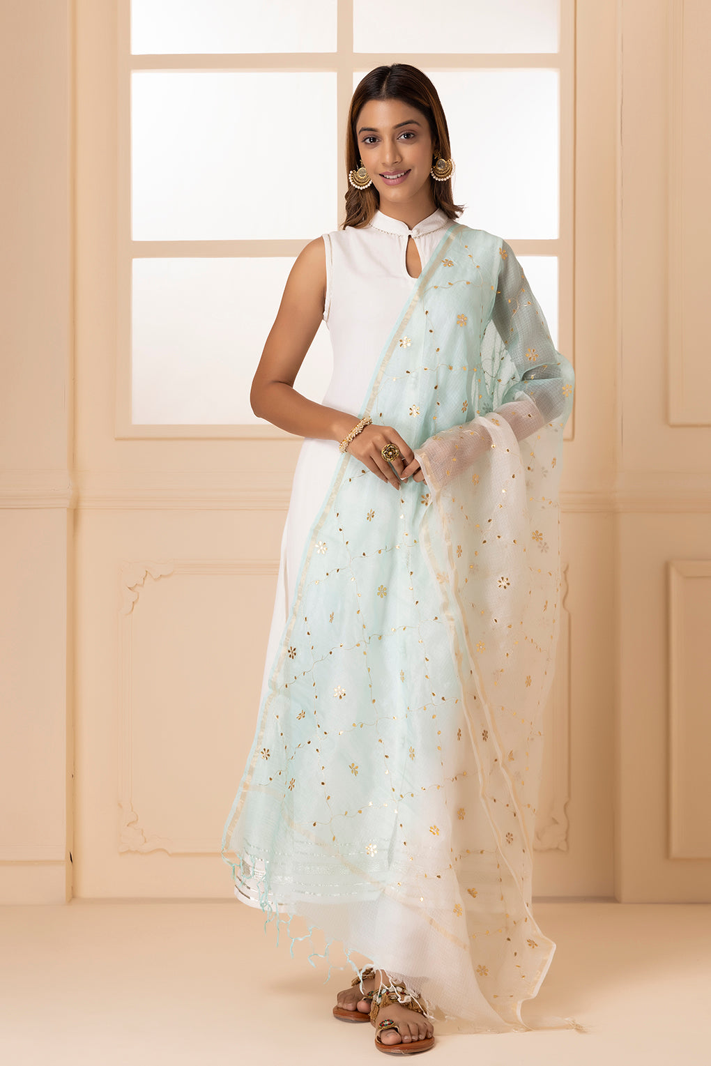 White & Light Blue Handcrafted Gota Patti Pure Kota Silk Dupatta
