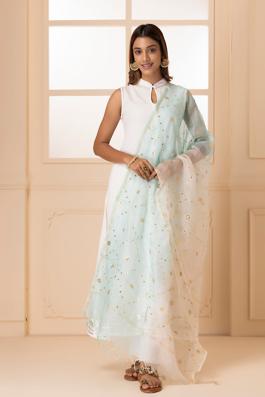 White & Light Blue Handcrafted Gota Patti Pure Kota Silk Dupatta