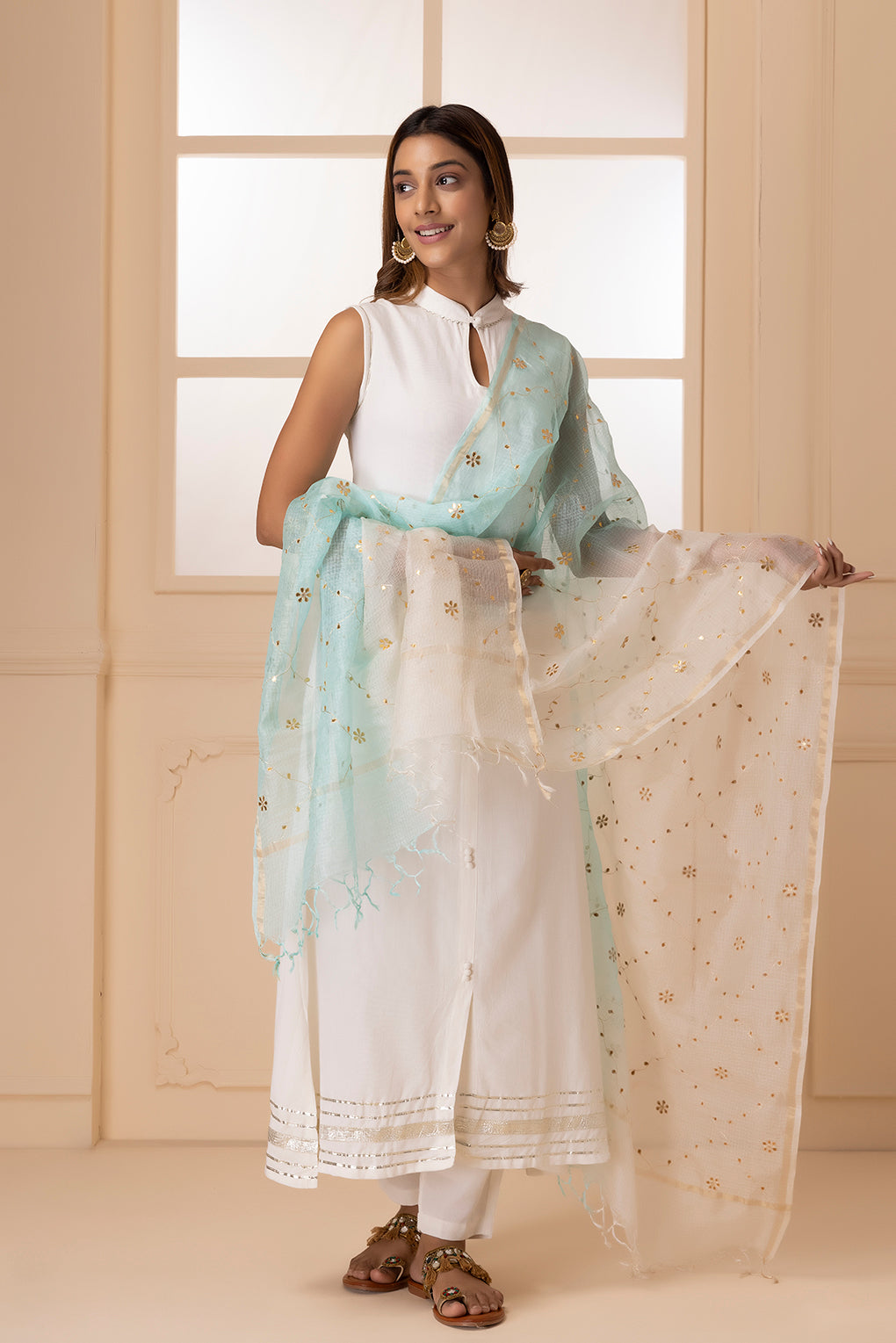 White & Light Blue Handcrafted Gota Patti Pure Kota Silk Dupatta