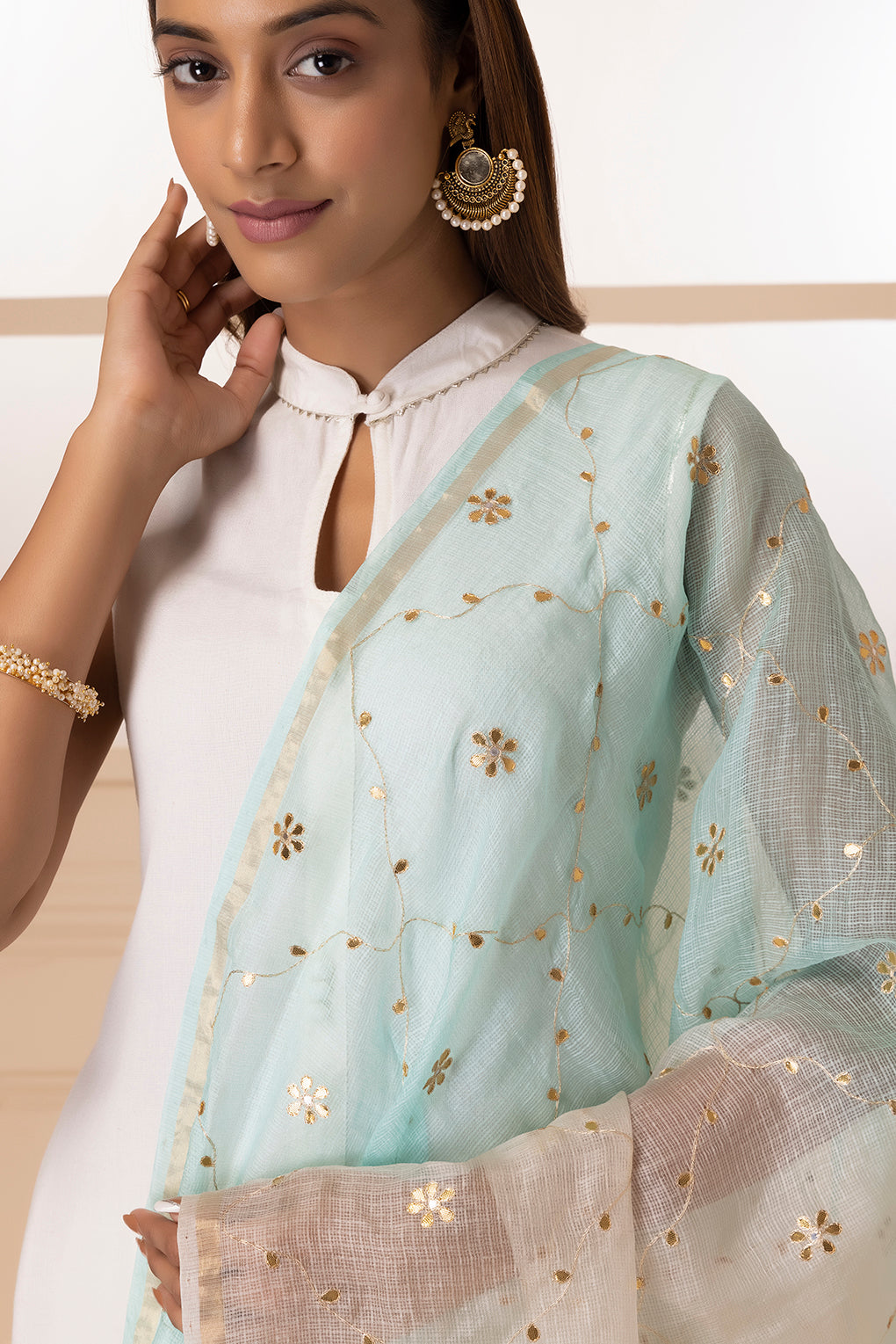 White & Light Blue Handcrafted Gota Patti Pure Kota Silk Dupatta