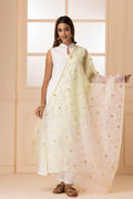 White And Lime Green Handcrafted Gota Patti Pure Kota Silk Dupatta