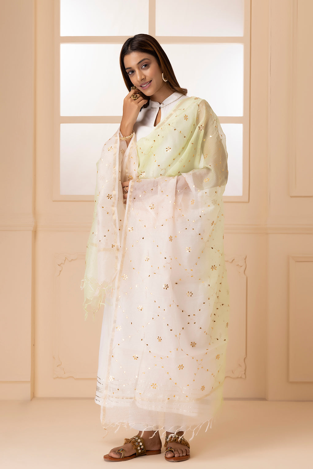 White And Lime Green Handcrafted Gota Patti Pure Kota Silk Dupatta