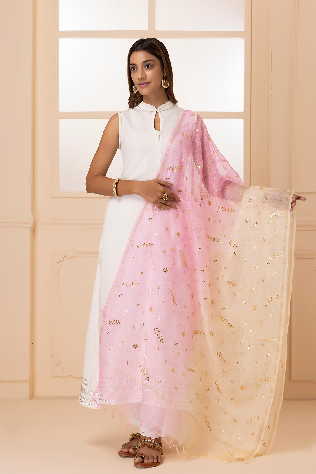 White & Light Pink Handcrafted Gota Patti Pure Kota Silk Dupatta