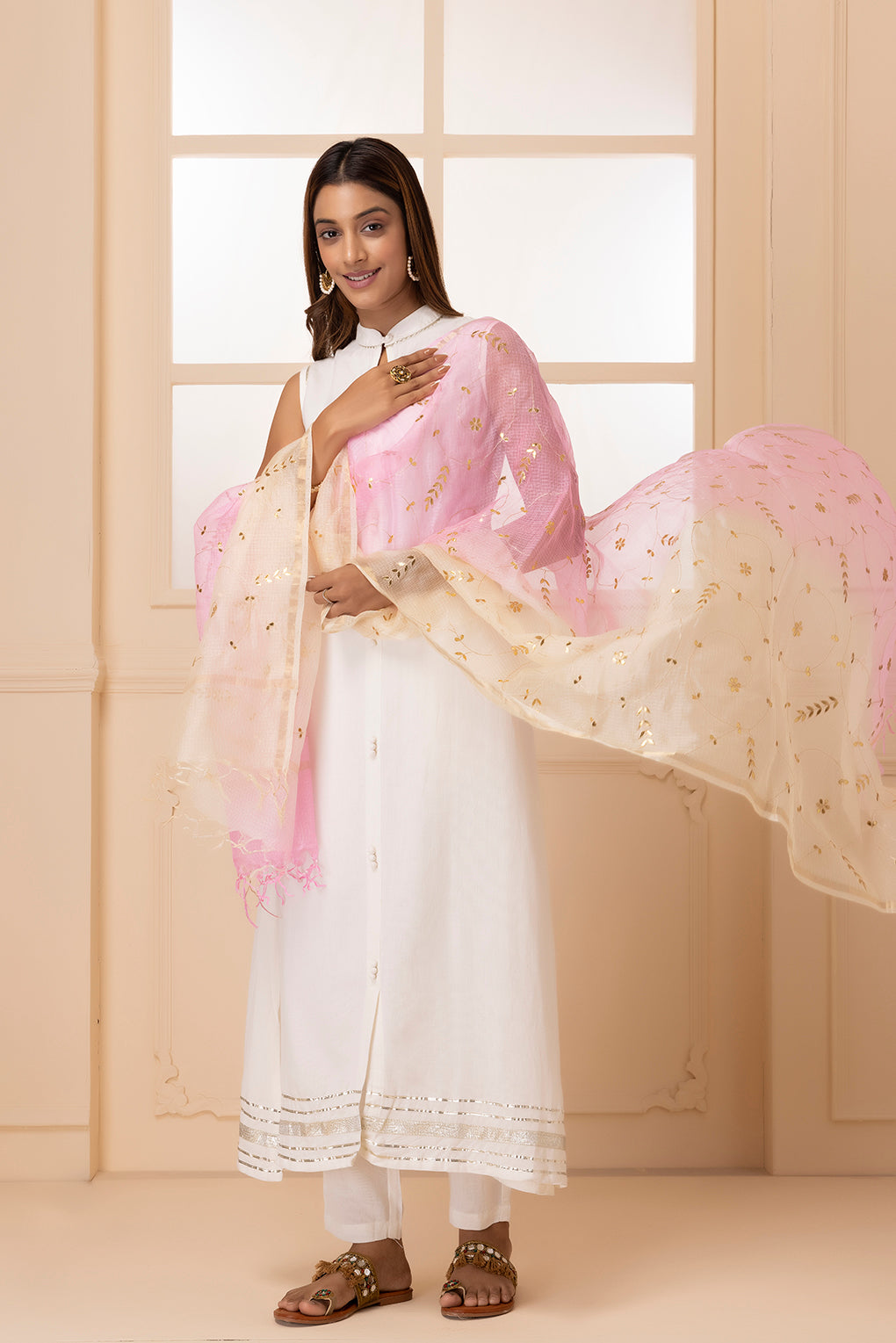 White & Light Pink Handcrafted Gota Patti Pure Kota Silk Dupatta
