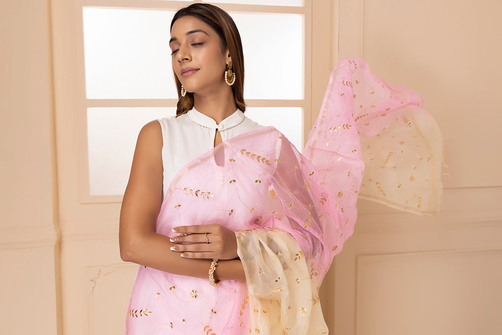 White & Light Pink Handcrafted Gota Patti Pure Kota Silk Dupatta