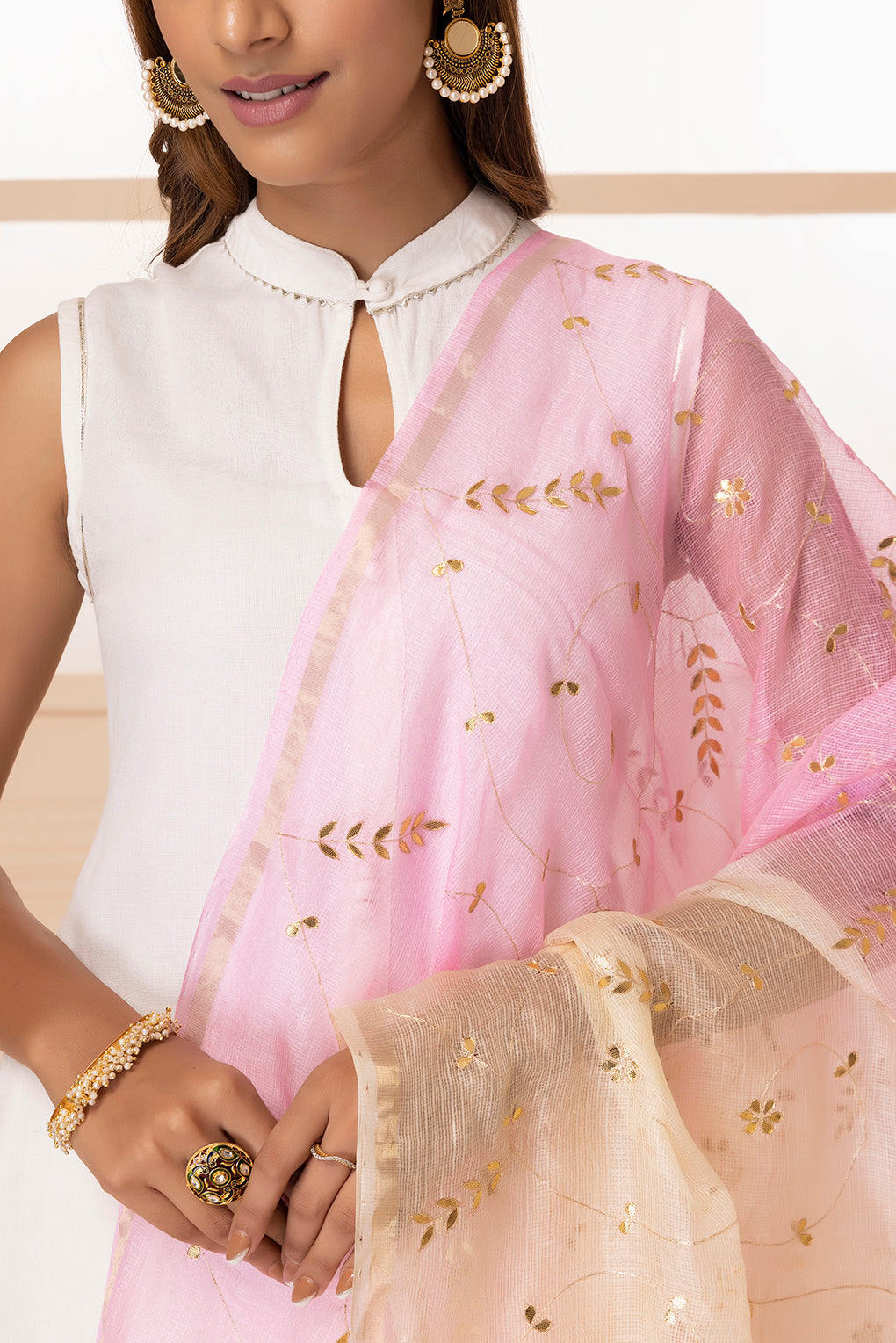 White & Light Pink Handcrafted Gota Patti Pure Kota Silk Dupatta