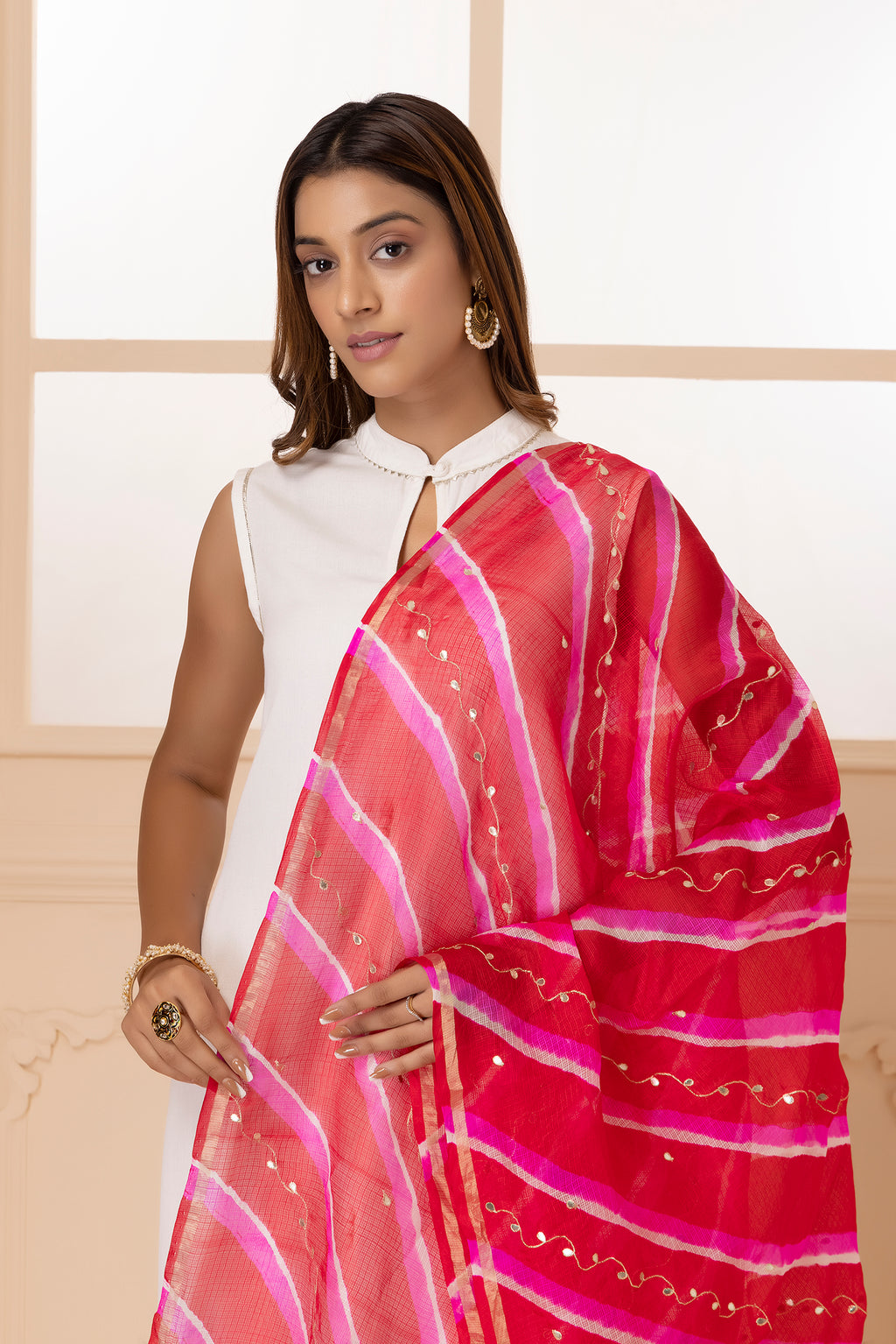 Red Handcrafted Gota Patti Pure Kota Silk Leheriya Dupatta