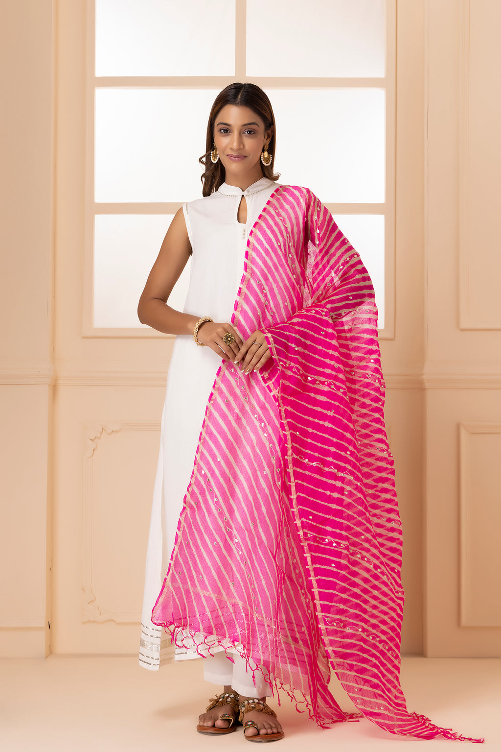Magenta Pink Handcrafted Pure Kota Silk Gota Patti Leheriya Dupatta