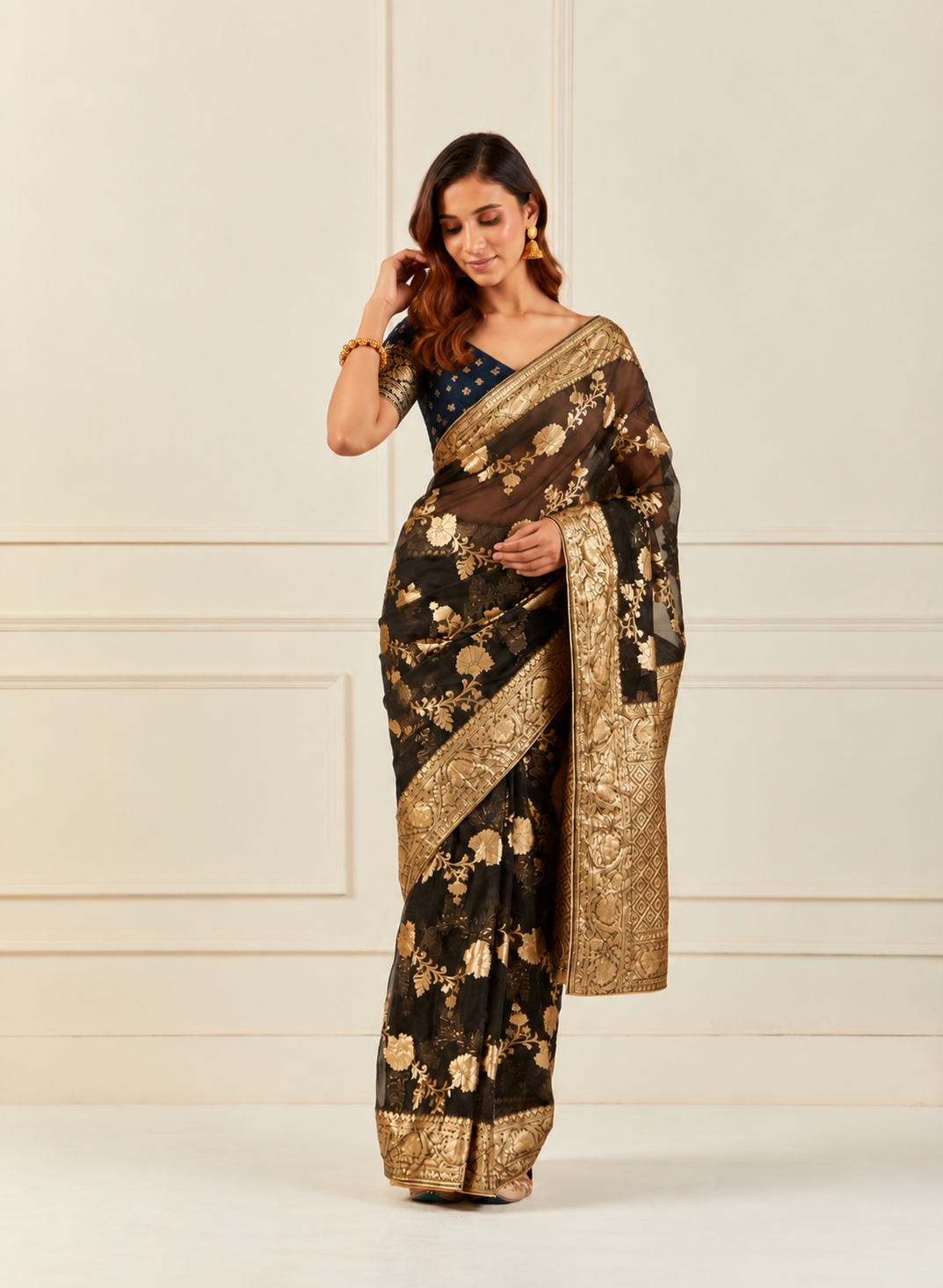 Black Handcrafted Zari Woven Organza Banarasi Saree