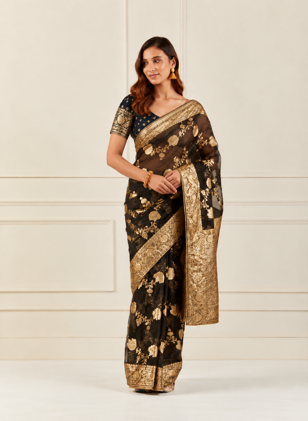 Black Handcrafted Zari Woven Organza Banarasi Saree