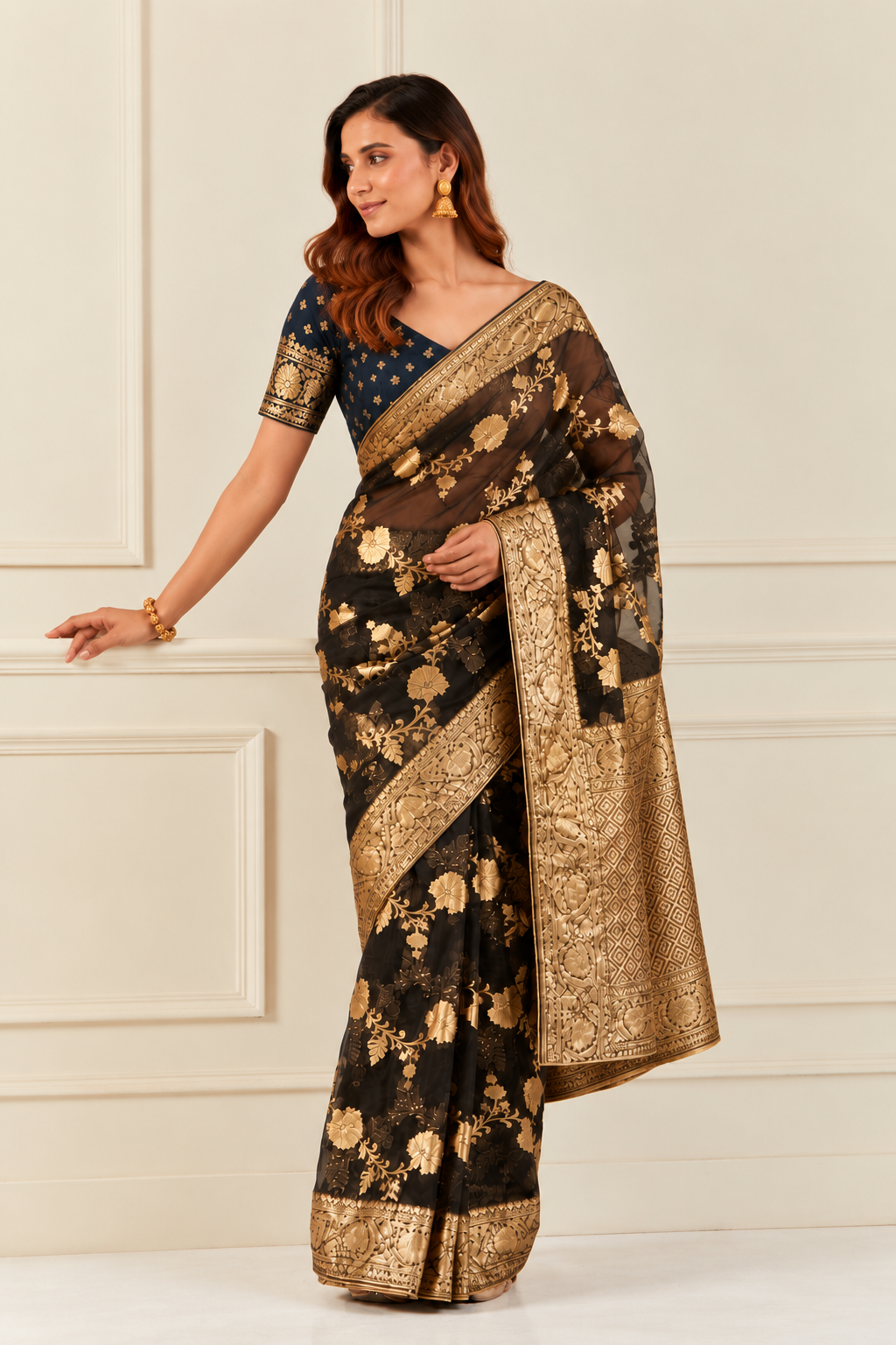 Black Handcrafted Zari Woven Organza Banarasi Saree