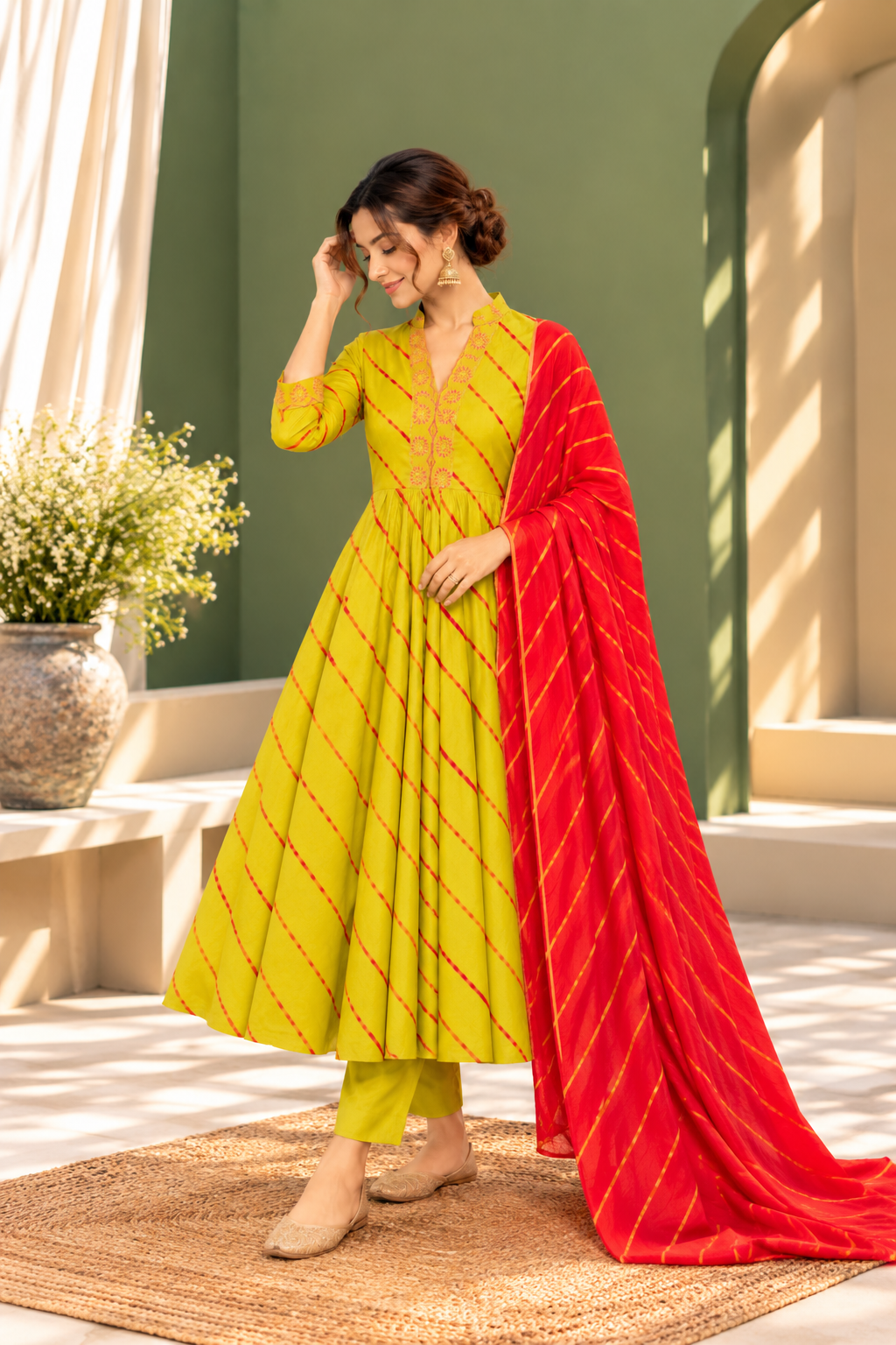 Green Leheriya Pure Cotton Chanderi 3-Piece Kurta Set