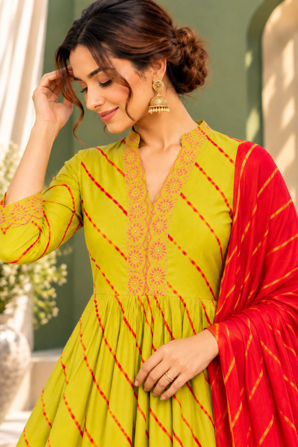Green Leheriya Pure Cotton Chanderi 3-Piece Kurta Set