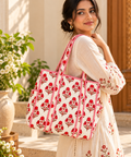 White & Red Floral Printed Quilted Tote Bag