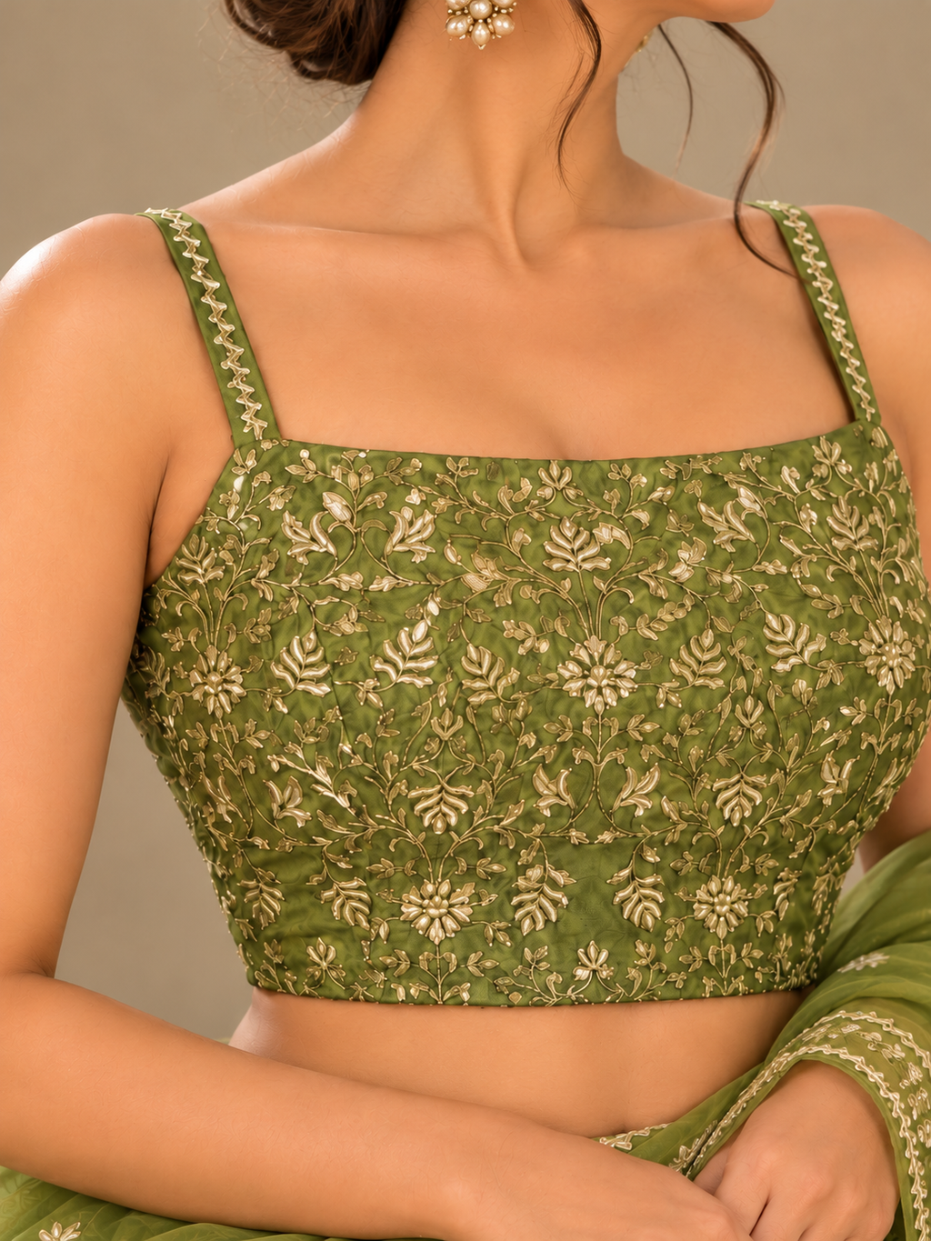 Olive Green Zari Hand Embroidered Blouse