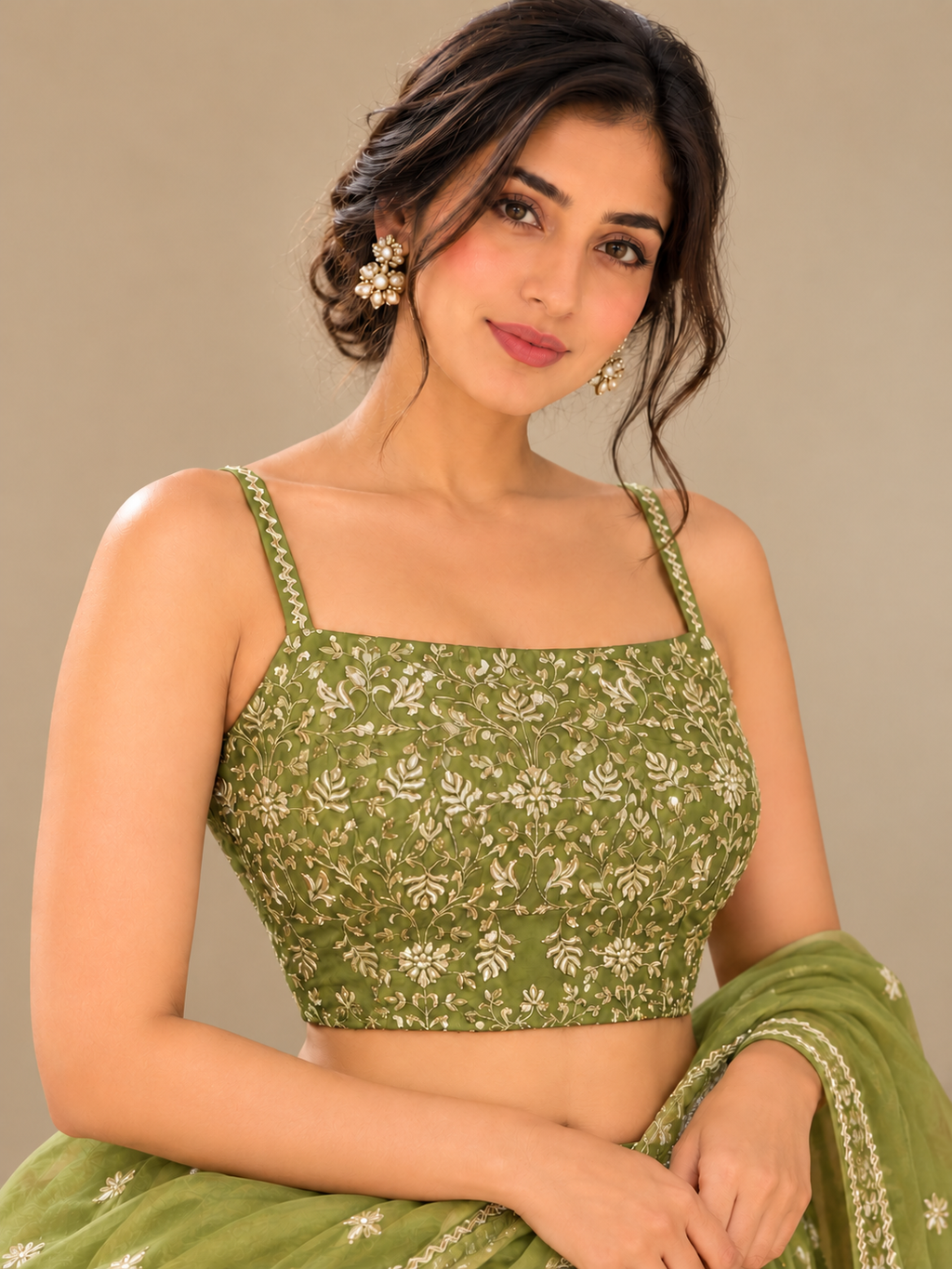 Olive Green Zari Hand Embroidered Blouse