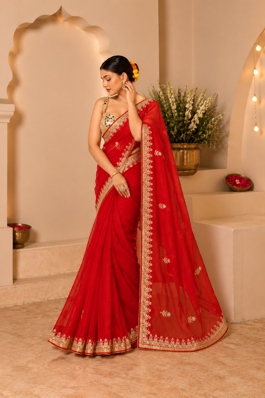 Red Organza Saree with Gota Patti Border