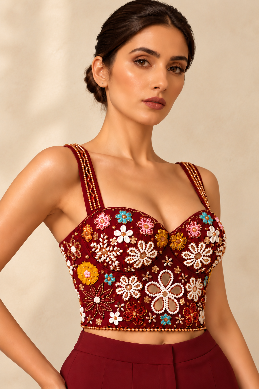 Maroon Hand Embroidered Designer Corset Blouse