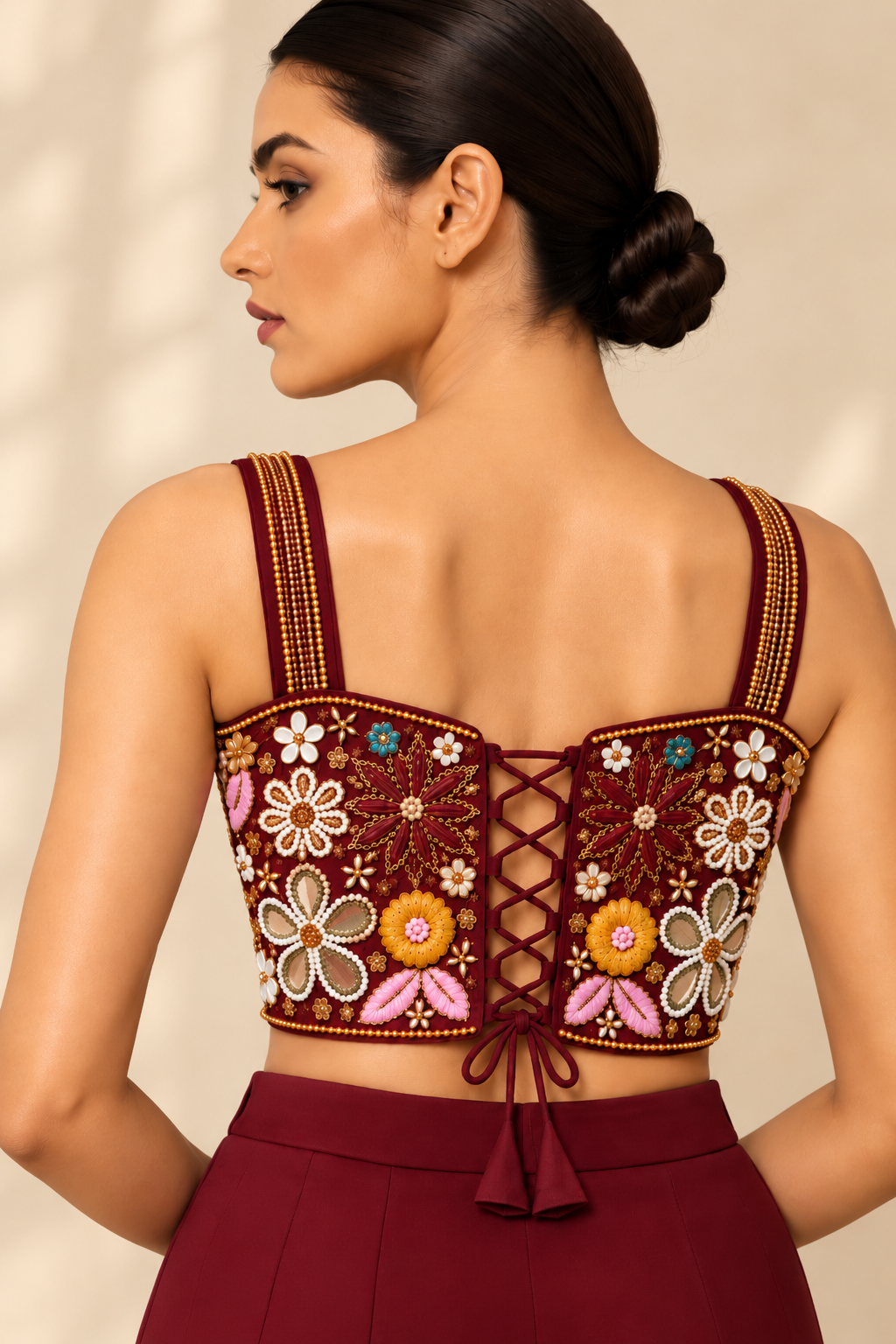 Maroon Hand Embroidered Designer Corset Blouse
