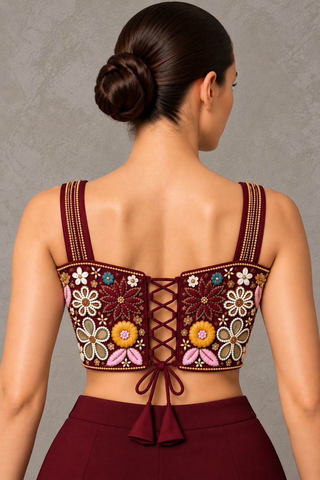 Wine Maroon Hand Embroidered Designer Corset Blouse