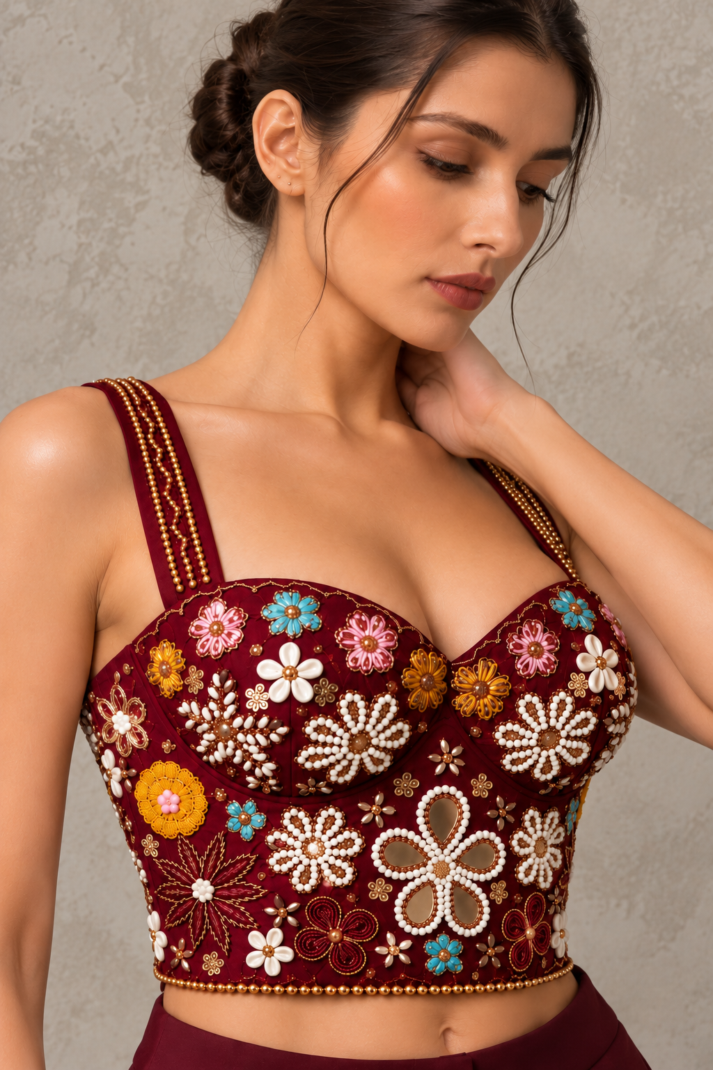 Wine Maroon Hand Embroidered Designer Corset Blouse