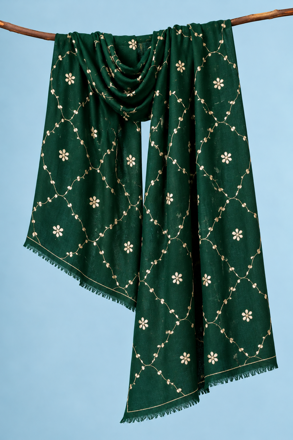 Dark Green Handcrafted Gota Patti Embroidered Woolen Shawl