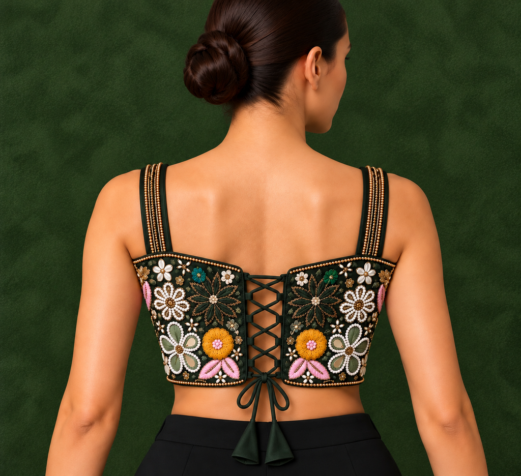 Green Hand Embroidered Designer Corset Blouse