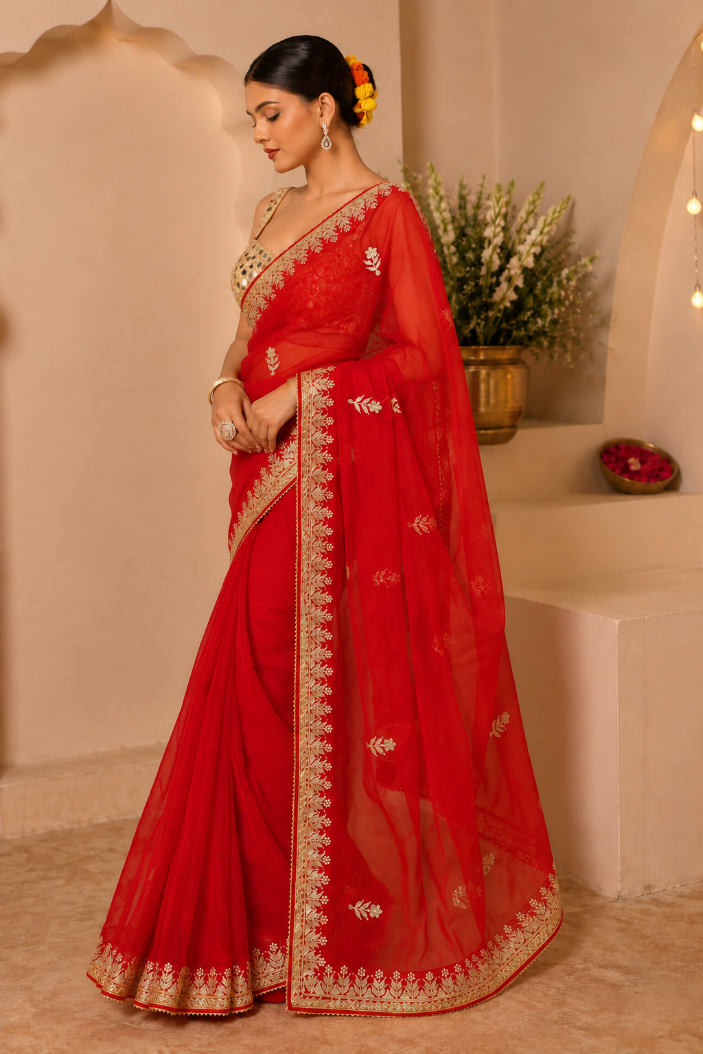 Red Organza Saree with Gota Patti Border