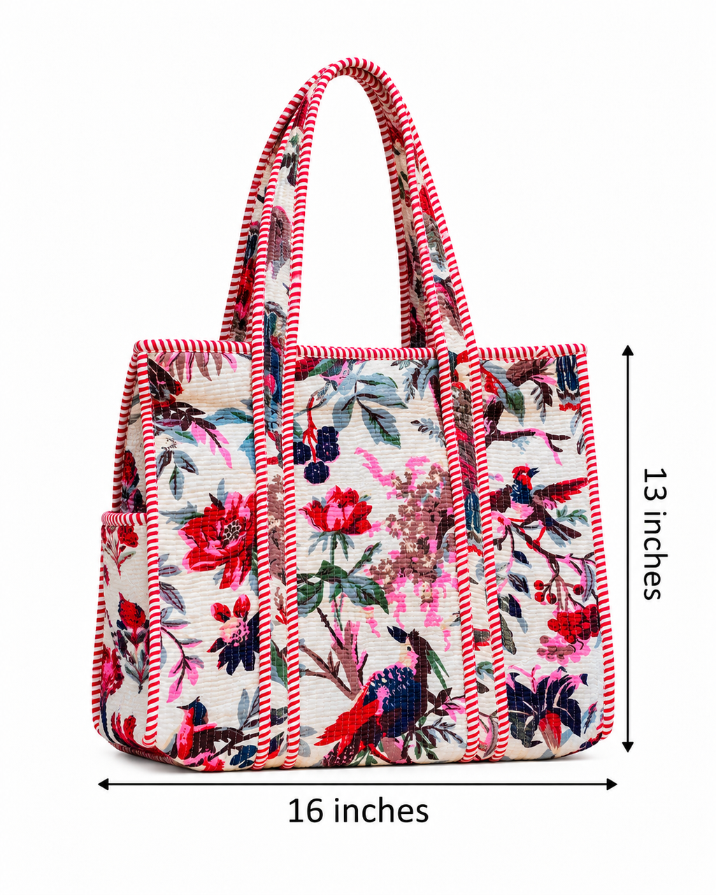 White & Pink Bird and Floral Printed Quilted Tote Bag