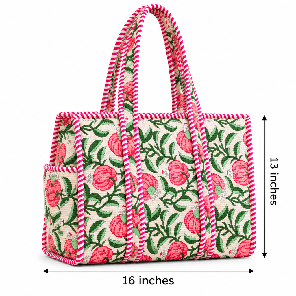 White & Pink Floral Printed Quilted Tote Bag