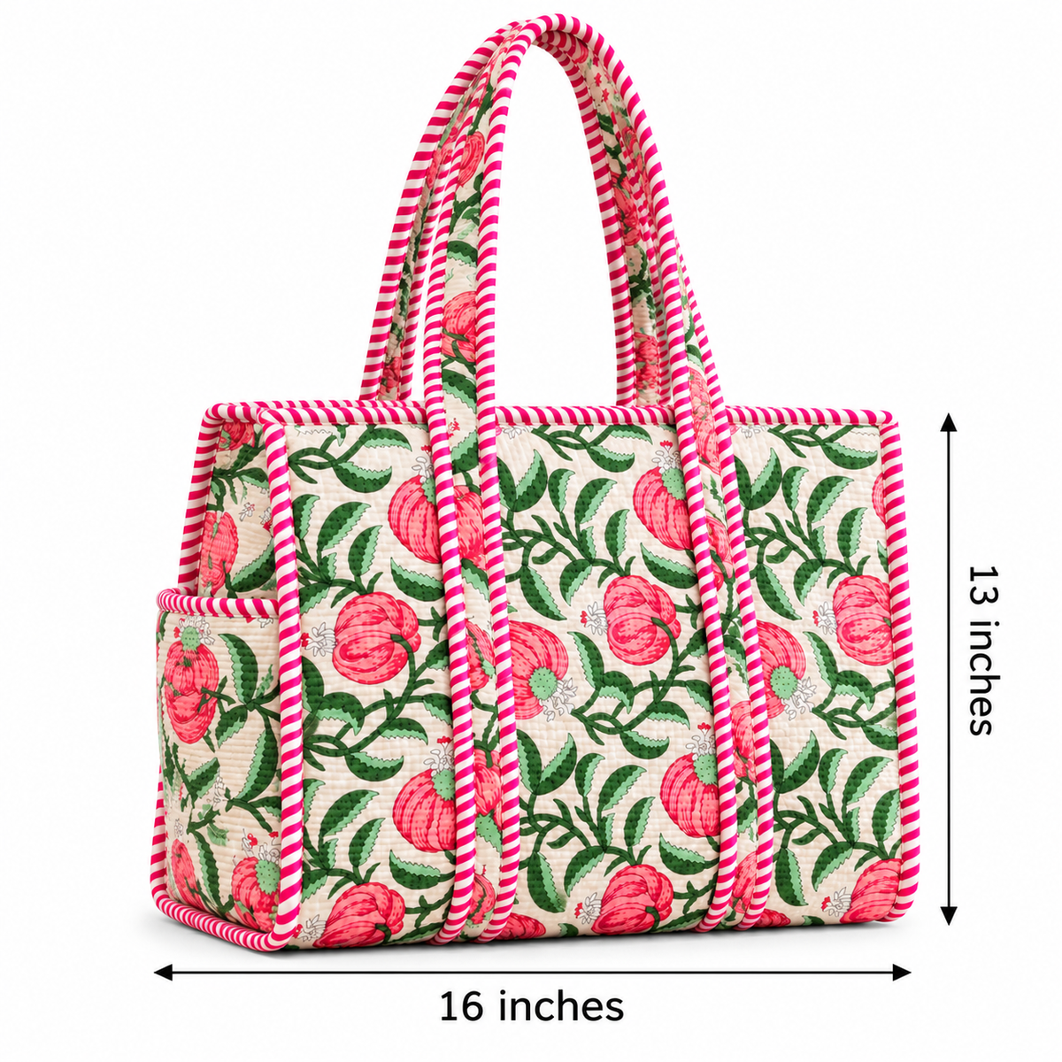 White & Pink Floral Printed Quilted Tote Bag