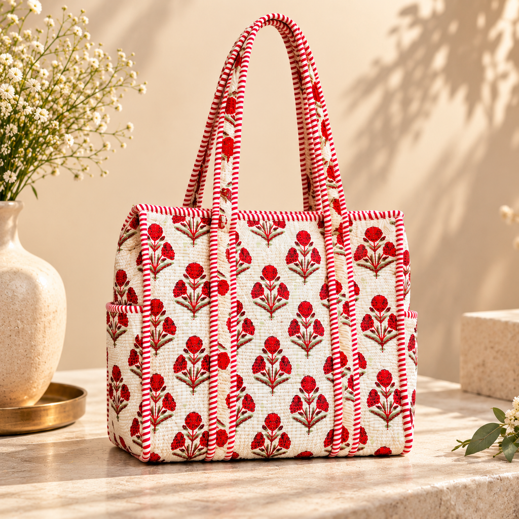 White & Red Floral Printed Quilted Tote Bag