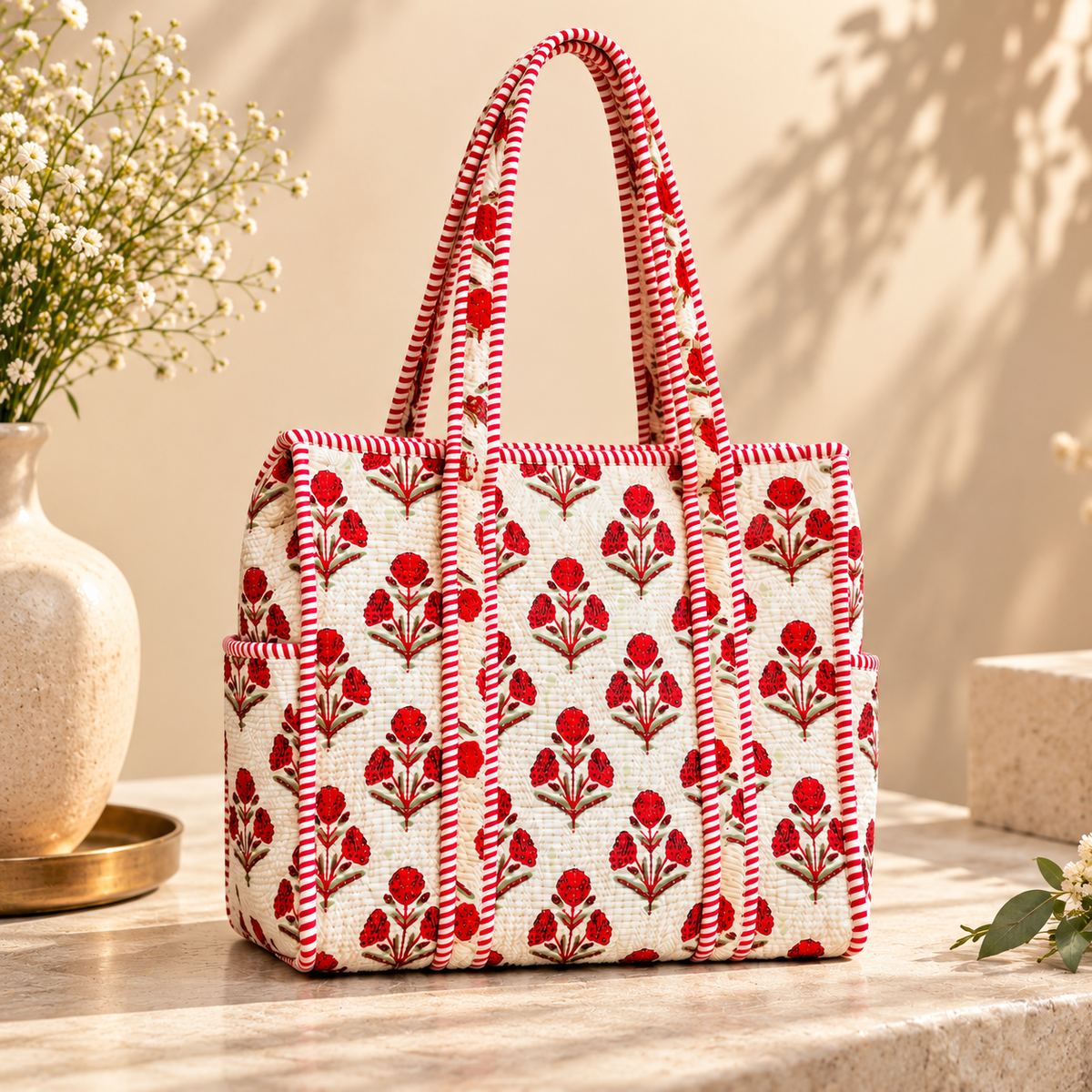 White & Red Floral Printed Quilted Tote Bag