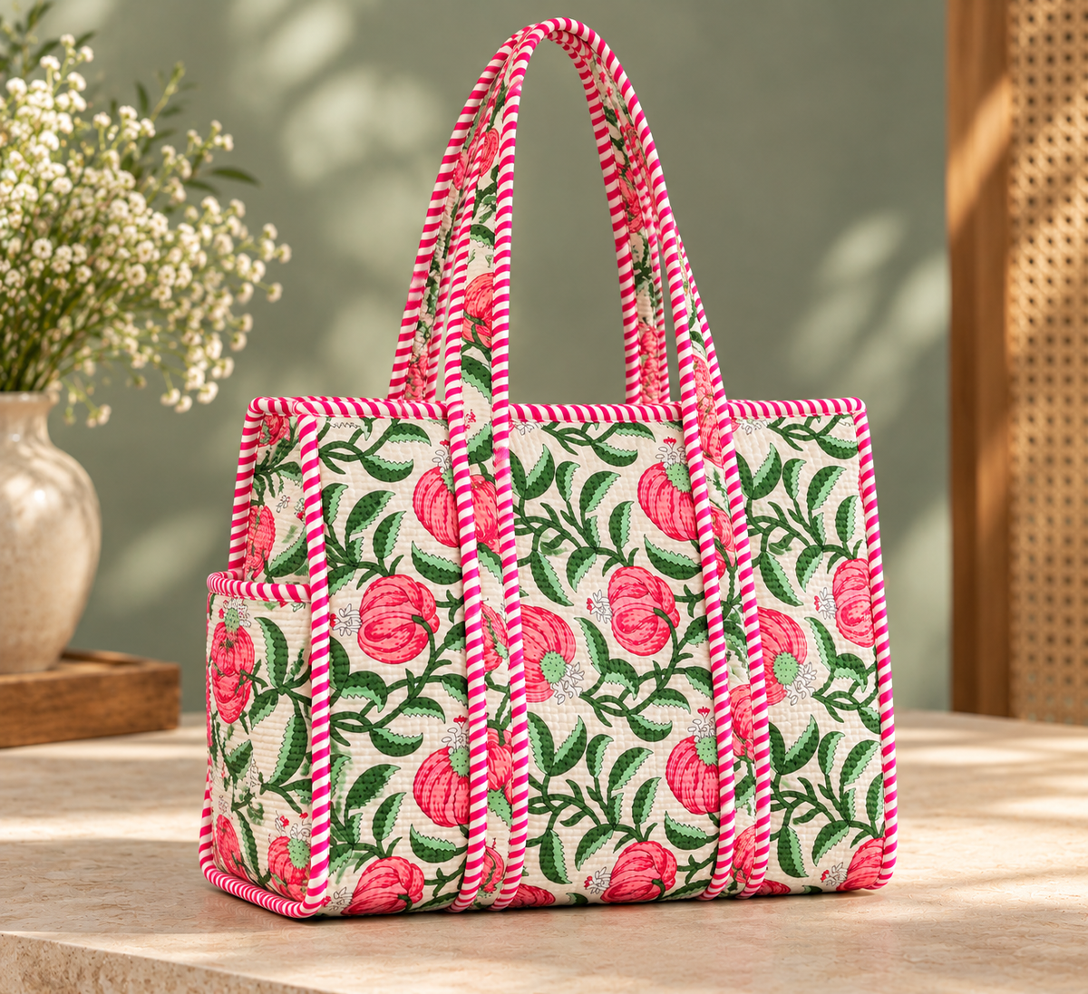 White & Pink Floral Printed Quilted Tote Bag