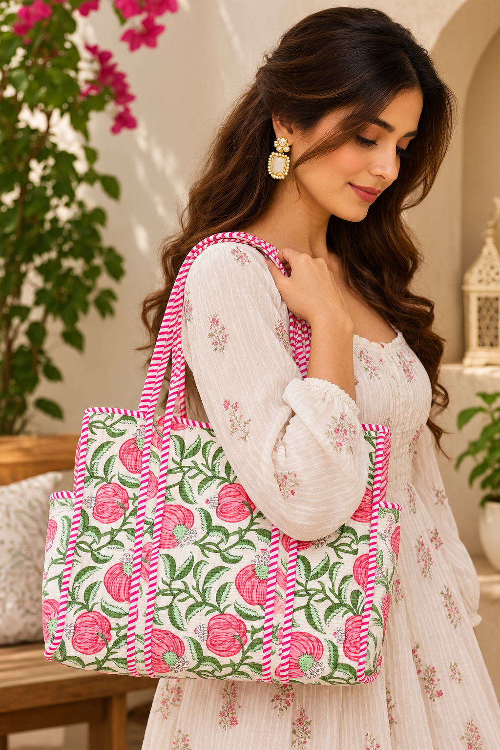White & Pink Floral Printed Quilted Tote Bag