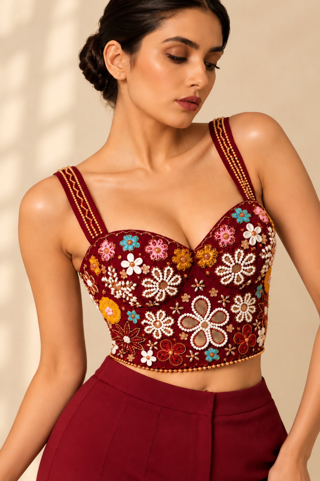 Maroon Hand Embroidered Designer Corset Blouse