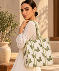 White & Green Butterfly Printed Quilted Tote Bag