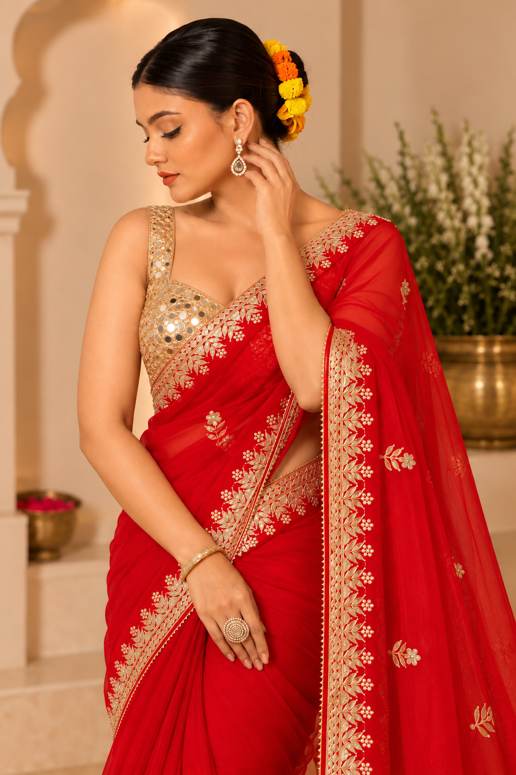 Red Organza Saree with Gota Patti Border