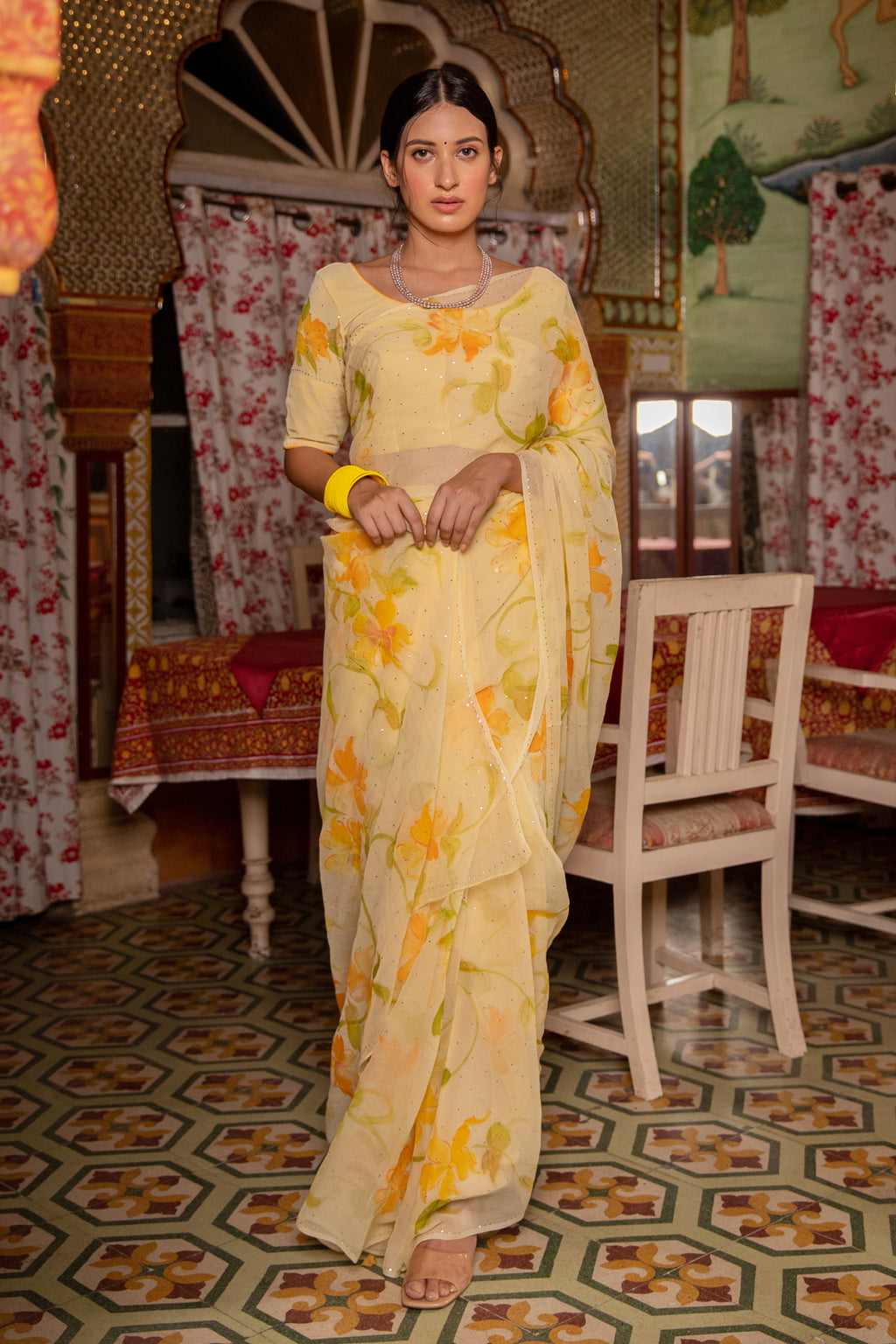 Sara Ali Khan In Yellow Hand Painted Mukaish Work Chiffon Saree