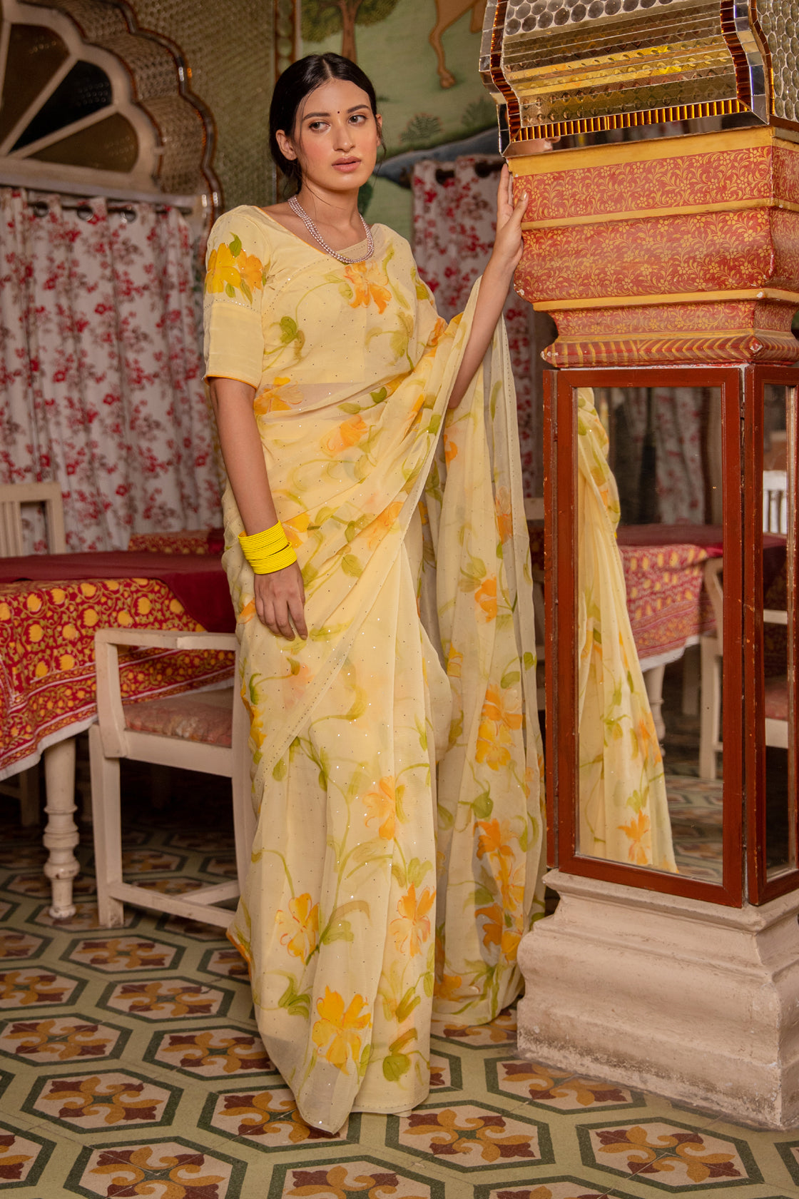 Sara Ali Khan In Yellow Hand Painted Mukaish Work Chiffon Saree